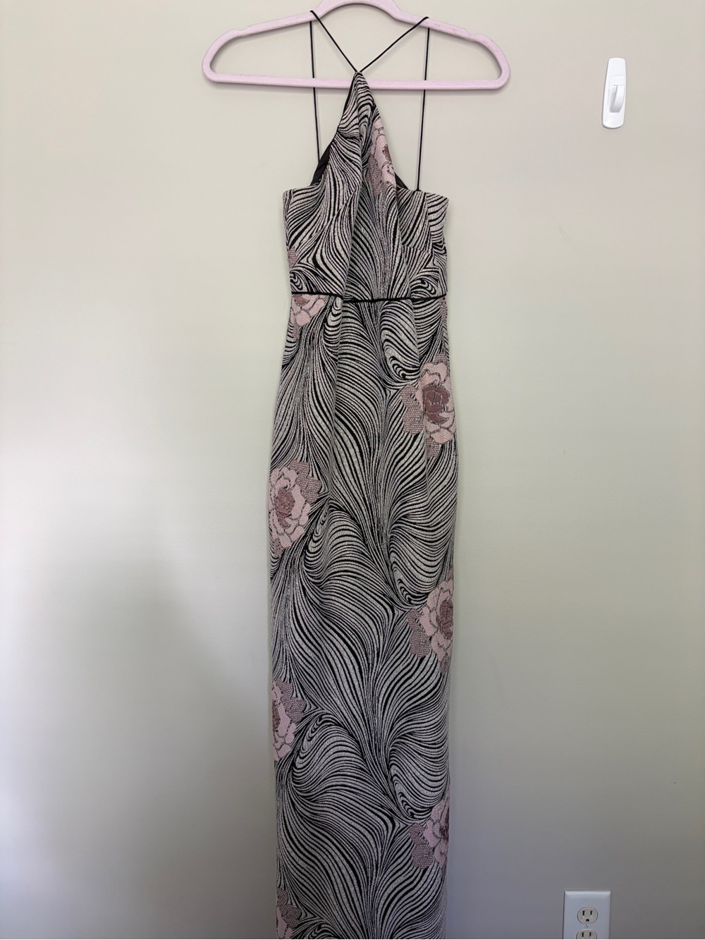 Aidan Mattox Floral Wave Halter Maxi Dress in Black and Pink - Size 0